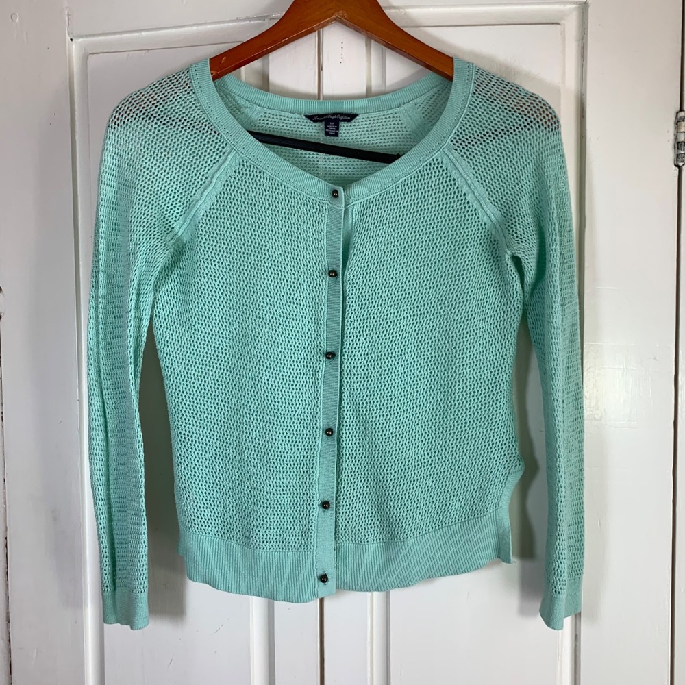 American Eagle Outfitters Mint Green Crochet Knit Button Up Cardigan Sweater S